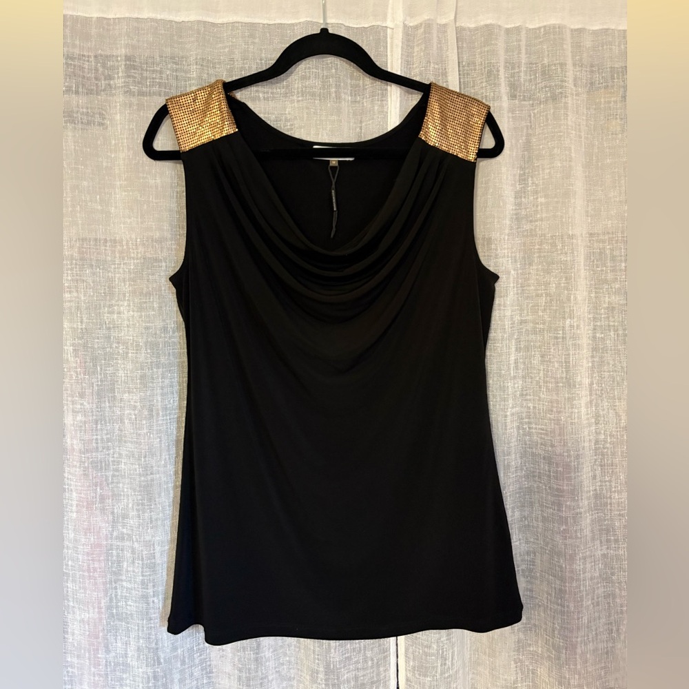 Calvin Klein Black Sleeveless Cowl Neck Top with Gold Shoulder Panels